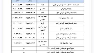 جدول التقويم الدراسي 1443 – 1444