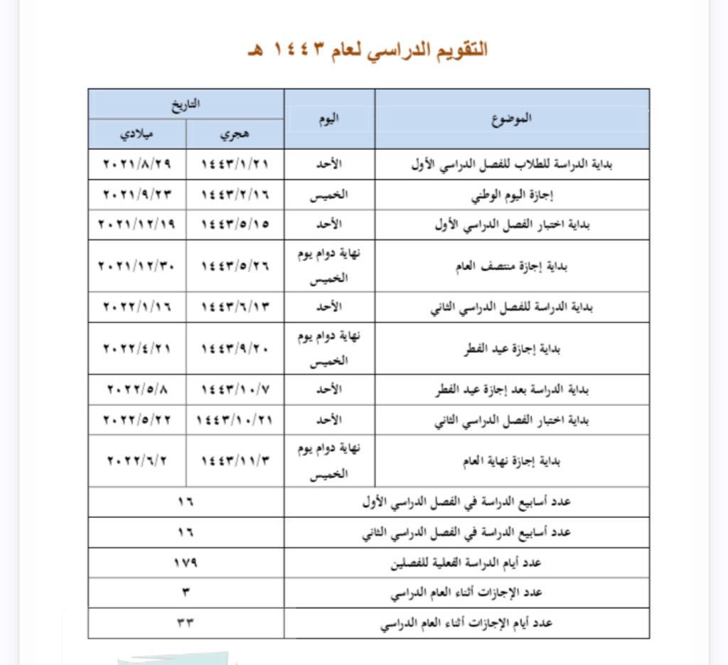 1444 التقويم السعودية الدراسي جديد تفاصيل